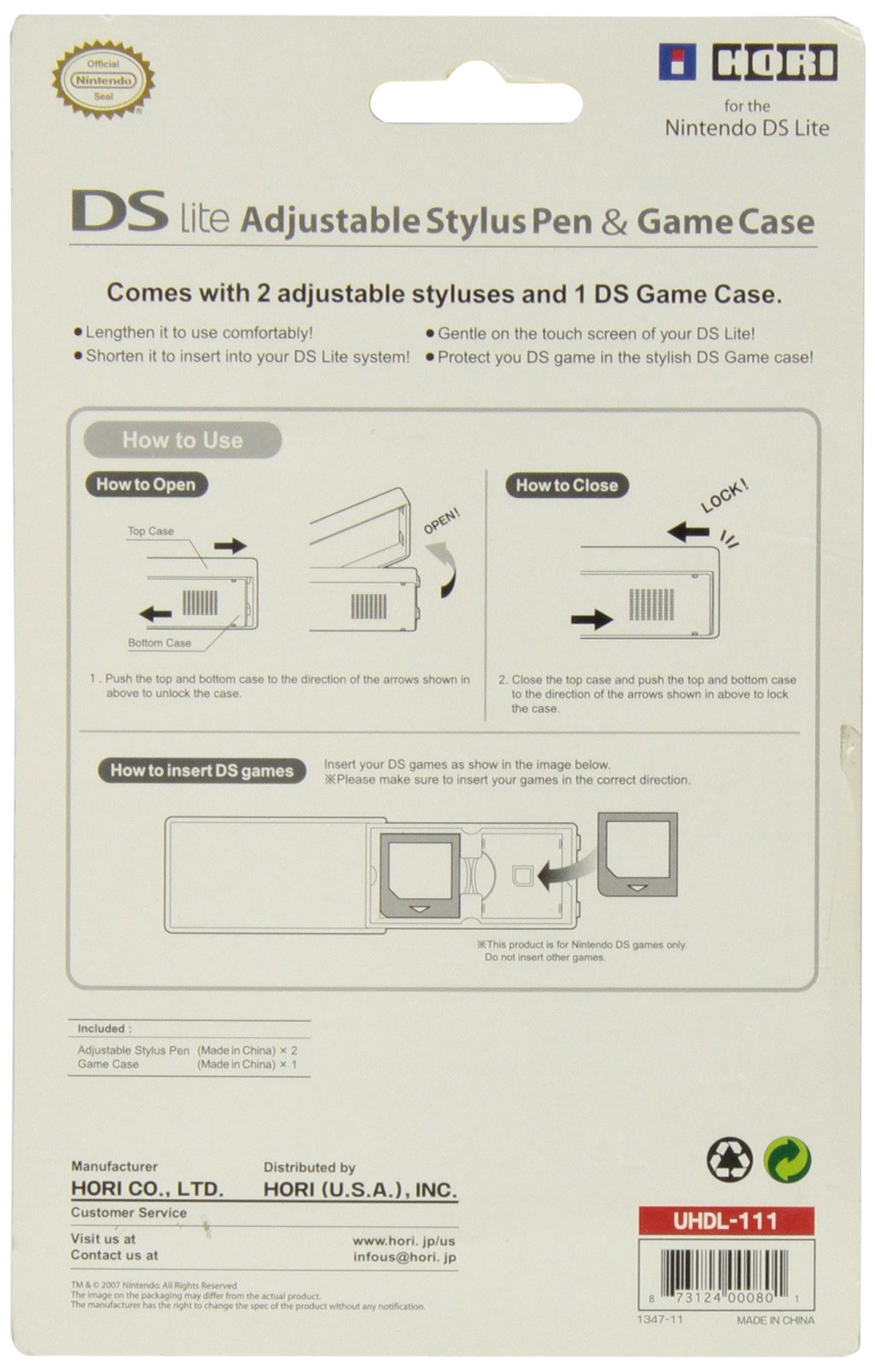 DS Lite Adjustable Stylus Pen & Game Case Hori- Colors varies